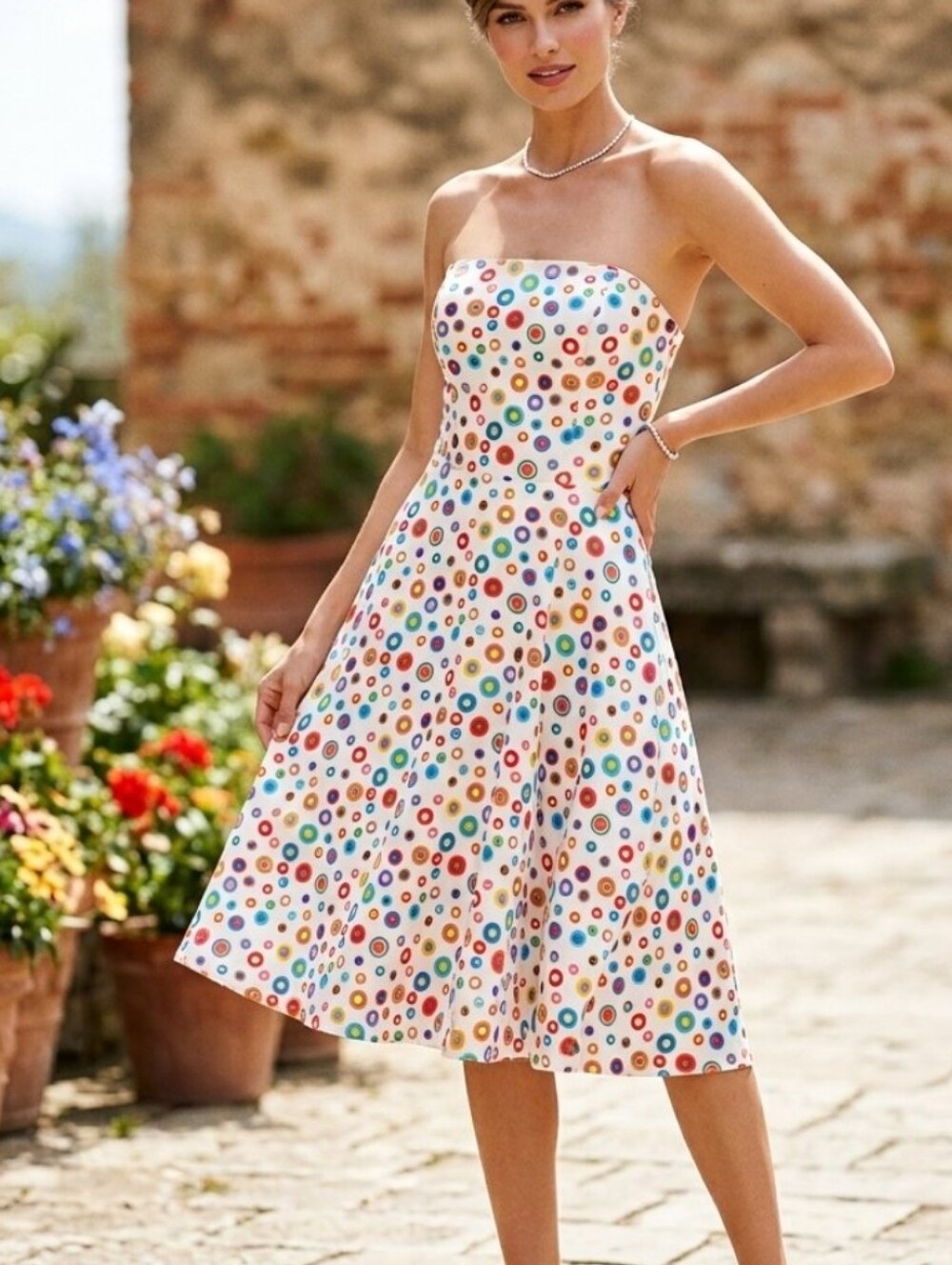 Spencer Jeremy Strapless White  Dress with Colorful Polka Dot Circles Sz 10